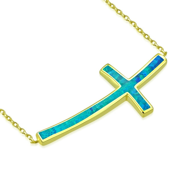 925 Sterling Silver Green Blue Simulated Opal Sideways Cross Pendant Necklace